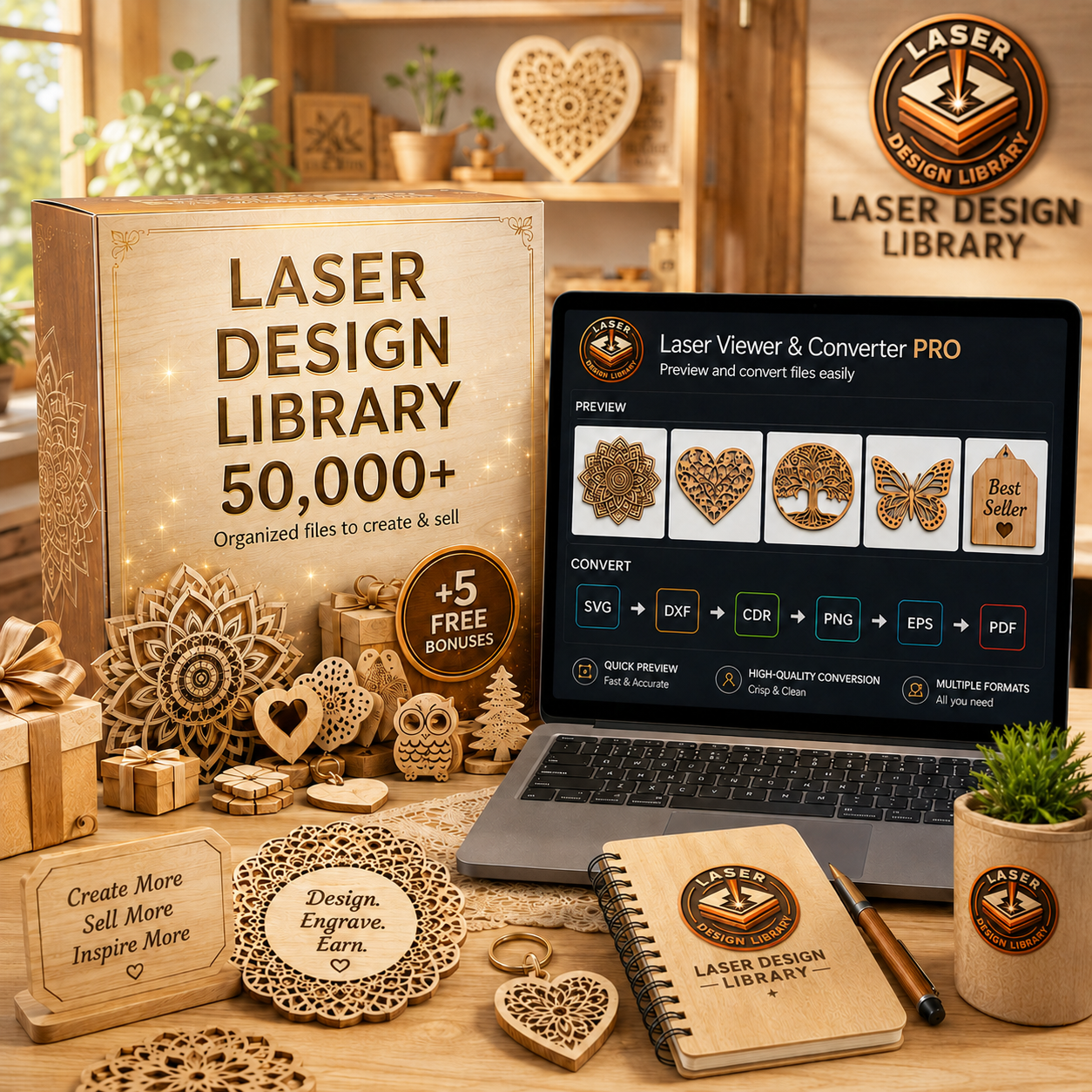 Laser Design Library: 50,000+ Ready-to-Cut Files + Viewer & Converter + 5 Free Bonuses